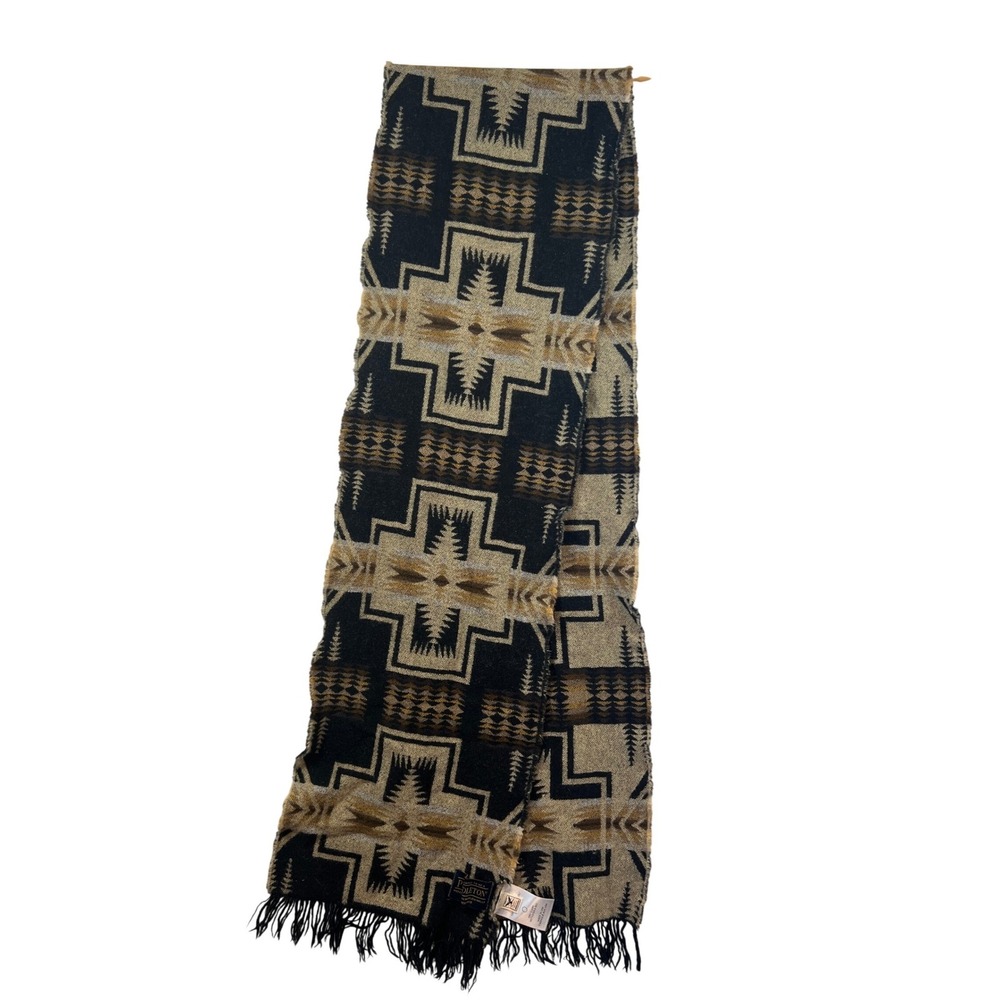 Pendleton Harding Wool Scarf Black Tan Geometric Jacquard Made‎ in USA